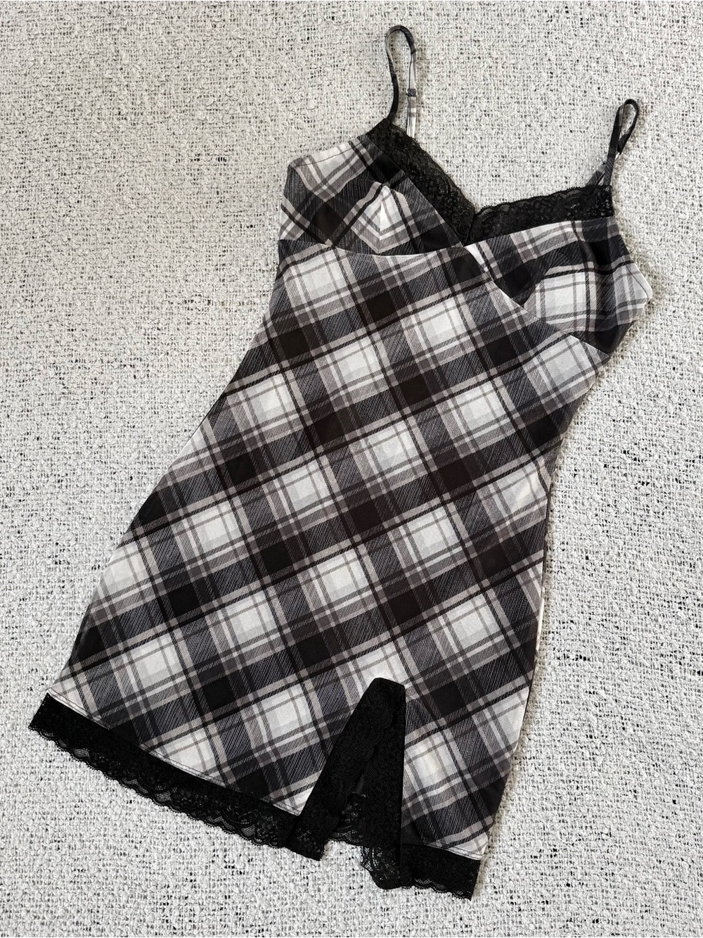 Forever 21 Black & White Plaid Lace-Trim Slip Dress Size S